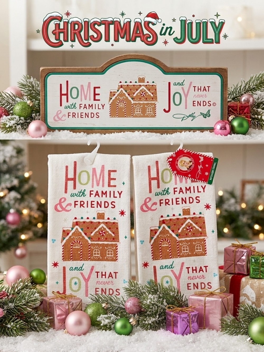 Holiday Gingerbread Kitchen Towels & Sign Set "Home With Family & Friends Joy"